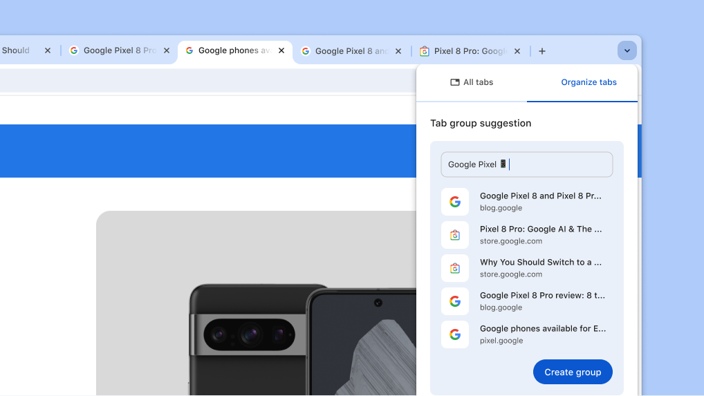 An AI tab group suggestion from Chrome that includes a group name and several tabs.